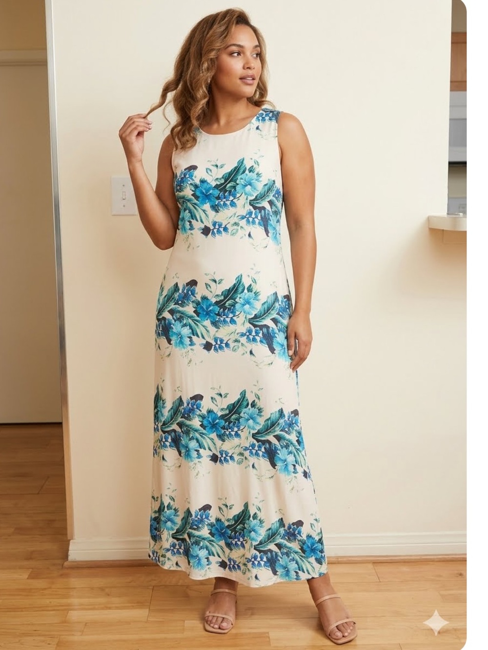 Floral Sleeveless Maxi Dress - Blue and Cream. New.